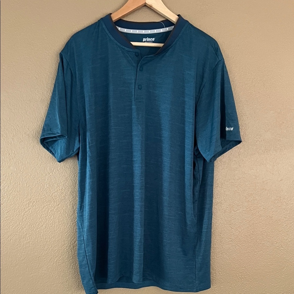 Prince Mens Teal Blue Space Dye Performance Henley Athletic Shirt Short Sleeve